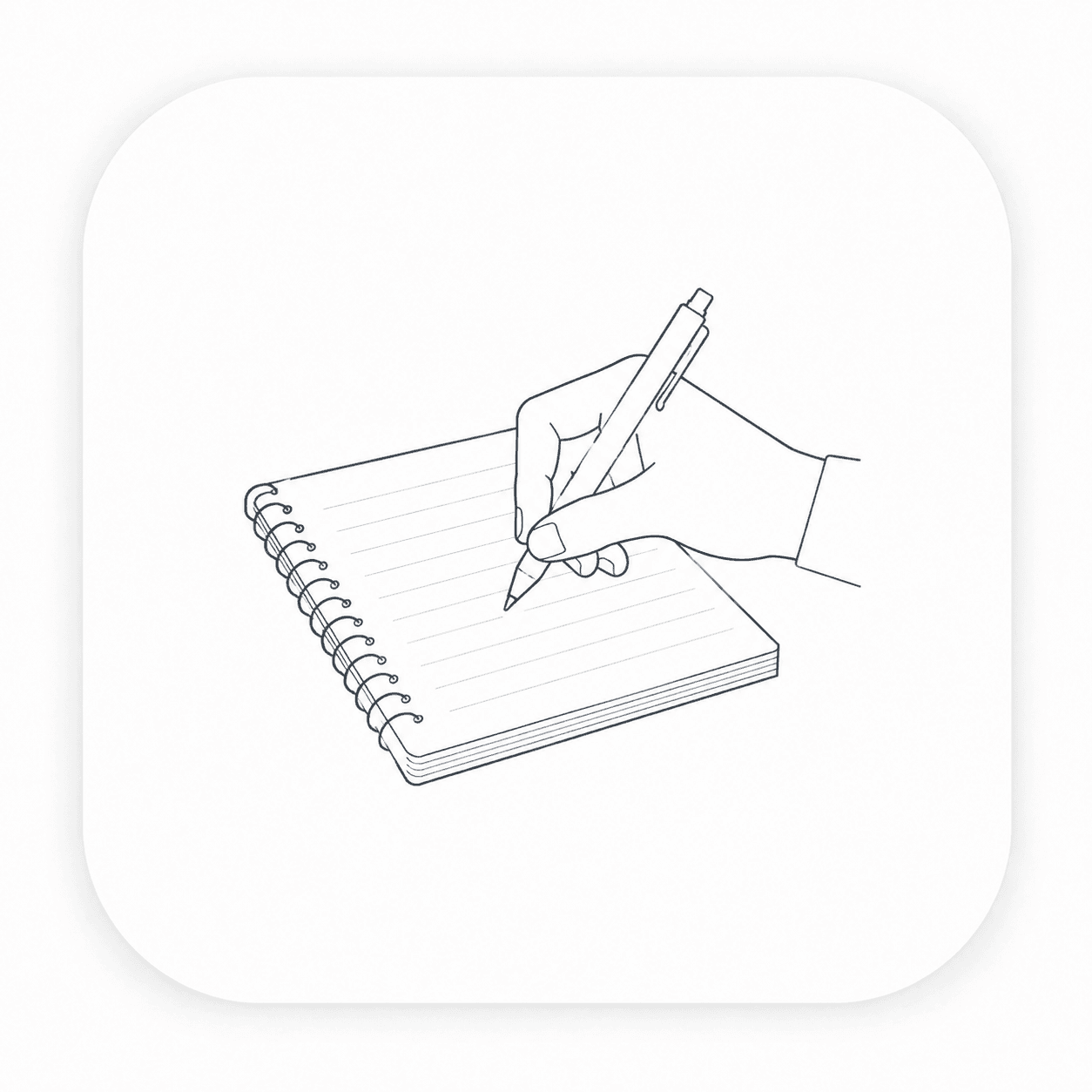 A delicate line drawing of a hand writing in a notebook for the Articles card.